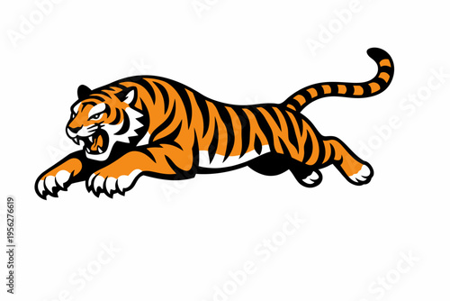A fierce tiger with its mouth open and body low to the ground, ready to pounce, on a white background.