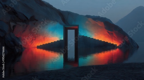 glowing terraced canyon with portal at dusk