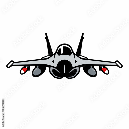 Cartoon illustration of a gray fighter jet with red lights on a white background, viewed from the front