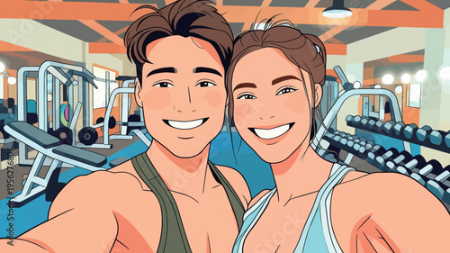 Couple takes selfie while working out at gym during afternoon training session