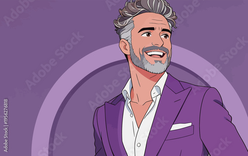 Man in purple suit smiles at the viewer against a purple background with circular design elements during a cheerful moment