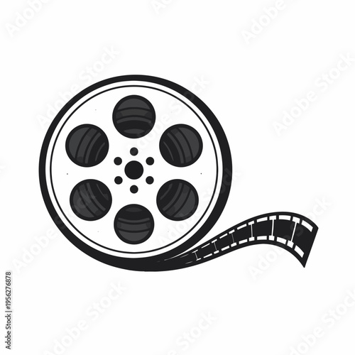 Black and white illustration of a film reel with a strip of film, symbolizing cinema and filmmaking