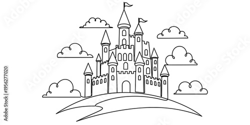 Continuous One Line Drawing of Fairytale Castle on Hill with Clouds