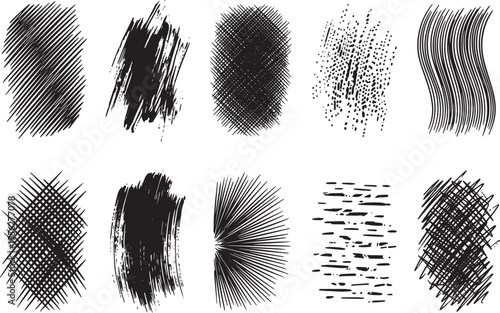 Brush set. Vector black paint brush spots, highlighter lines or felt-tip pen marker. Ink smudge abstract shape stains and smear set with texture. Hand drawn vector illustration