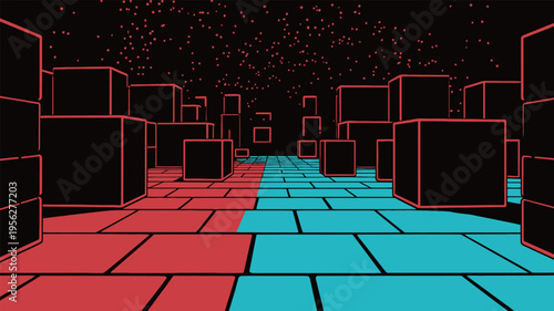 Digital landscape with red and blue blocks on a grid during a dark scene with stars