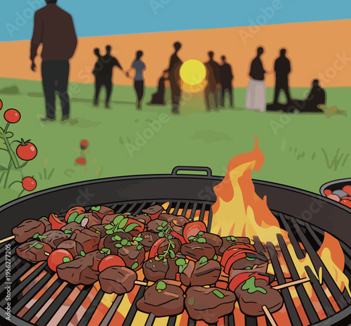 Sunset barbecue gathering with grilled skewers and people enjoying time outdoors in a vibrant landscape