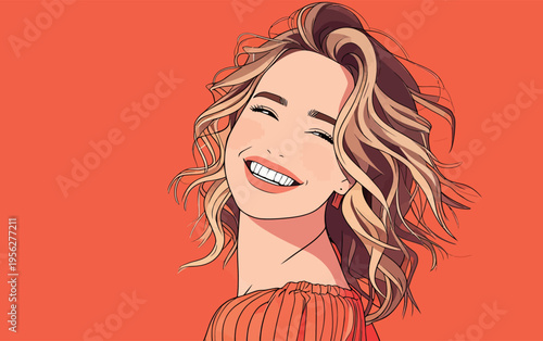Smiling woman with wavy hair on orange background enjoying a moment of happiness during daytime