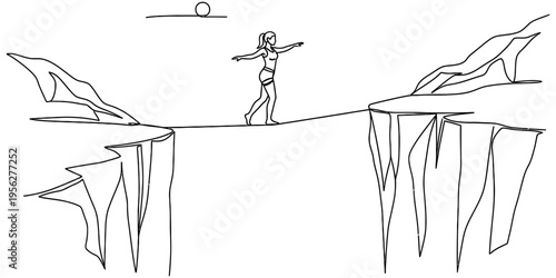 Continuous One Line Drawing of Tightrope Walker Balancing Over Cliffs