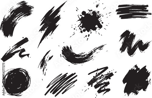 Brush set. Vector black paint brush spots, highlighter lines or felt-tip pen marker. Ink smudge abstract shape stains and smear set with texture. Hand drawn vector illustration
