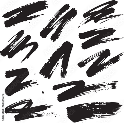 Brush set. Vector black paint brush spots, highlighter lines or felt-tip pen marker. Ink smudge abstract shape stains and smear set with texture. Hand drawn vector illustration