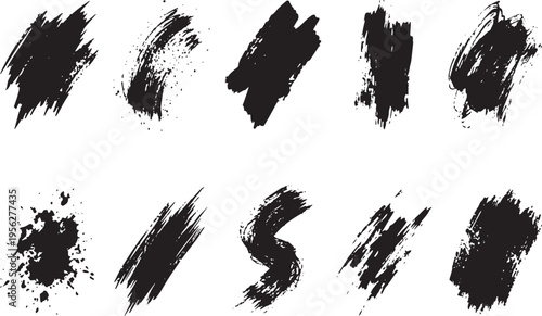 Brush set. Vector black paint brush spots, highlighter lines or felt-tip pen marker. Ink smudge abstract shape stains and smear set with texture. Hand drawn vector illustration
