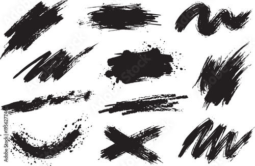Brush set. Vector black paint brush spots, highlighter lines or felt-tip pen marker. Ink smudge abstract shape stains and smear set with texture. Hand drawn vector illustration
