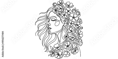 Continuous line drawing of beautiful woman face with floral hair