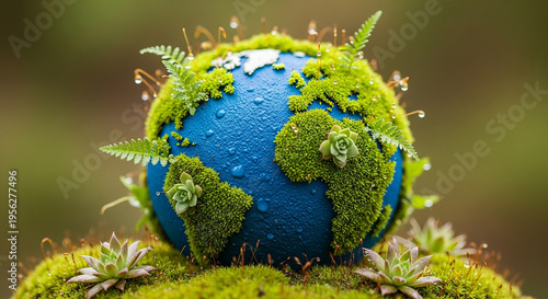 Earth Globe Covered in Green Moss.