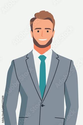 Businessman in suit stands smiling at viewer in office setting during day