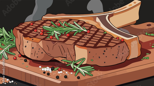 Grilled steak on a wooden cutting board with herbs and spices in a kitchen setting