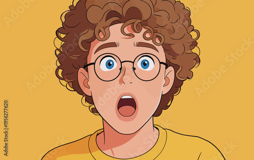 Surprised young person with curly hair and glasses in front of a yellow background shows an expression of shock and amazement