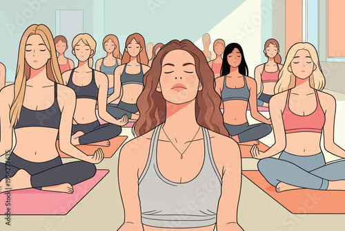 Group of women practice yoga in a studio during a morning session focused on mindfulness and relaxation techniques for wellness