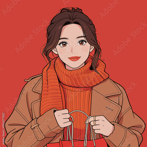 Woman holding a shopping bag, wearing a brown coat and a red scarf in front of a red background during winter season
