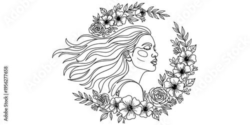 Continuous One Line Drawing of Woman Face with Floral Wreath