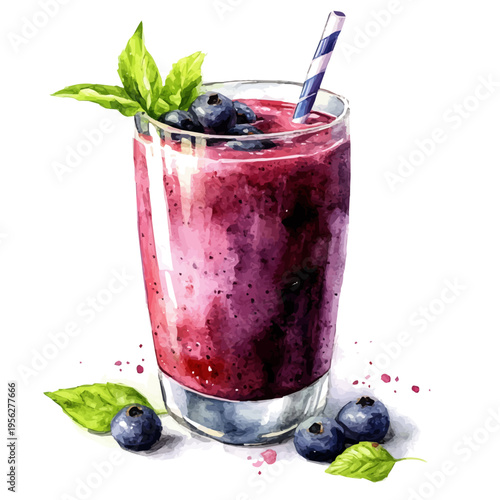 Acai Smoothie, watercolor painting capturing graceful lines and soft blended shades, isolated on a white background.