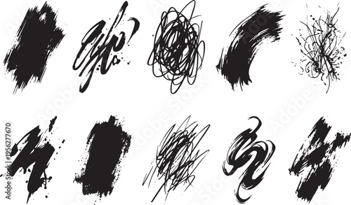 Brush set. Vector black paint brush spots, highlighter lines or felt-tip pen marker. Ink smudge abstract shape stains and smear set with texture. Hand drawn vector illustration