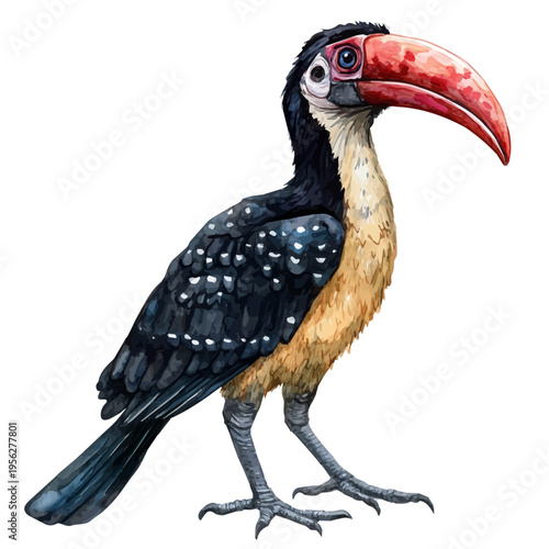 Abyssinian Ground Hornbill, watercolor vector portraying a joyful pose with colorful highlights, isolated on a white background.