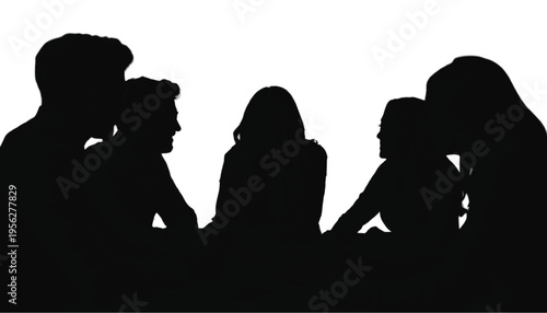 Group of five business professionals in silhouette conversing intensely around an unseen table.