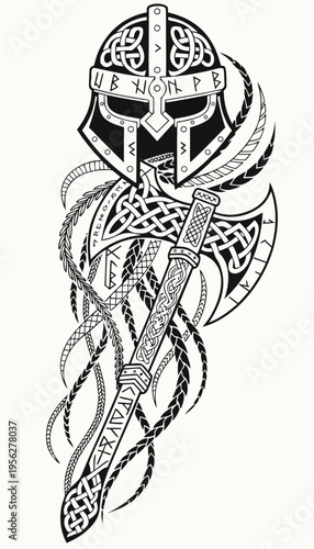 Design featuring a Viking helmet, axes, and runes on a vertical layout with intricate patterns and tribal elements Generative AI