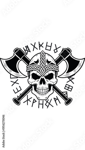 Viking skull design with axes and runes on a white background in a bold graphic style Generative AI