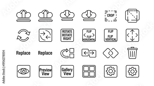 Essential line art vector icons for diverse digital functions, including data transfer, content editing, file organization, and system configuration for a user-friendly experience