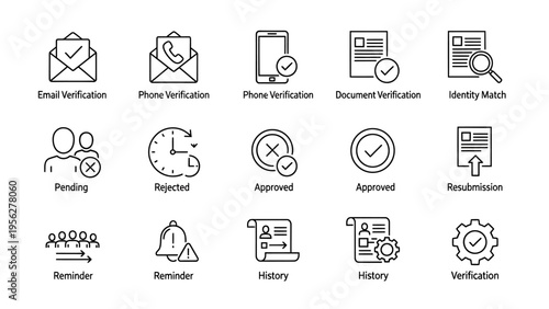 Collection of modern outline icons illustrating digital verification processes, user status updates, and essential administrative tasks for online platforms and applications