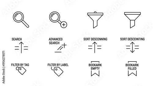 Collection of Search, Filter and Sort Icons with Labels for User Interface Design and Navigation Features
