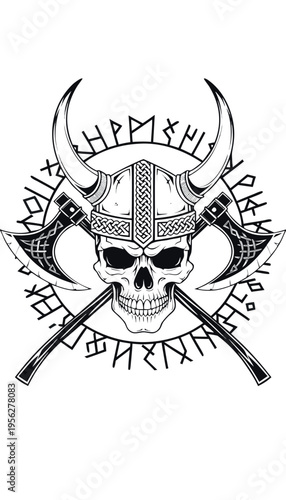 Skull with crossed axes and runes in black and white design on a flat surface depicting a bold artistic style Generative AI