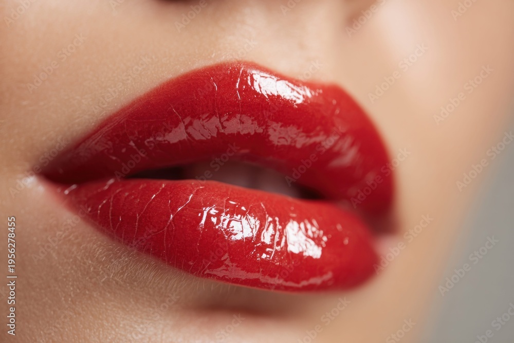 Obraz premium Close-up macro shot of glossy red lips with a sensual, inviting expression