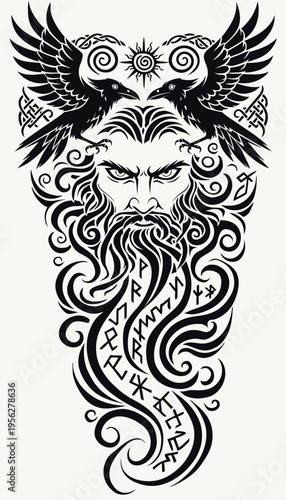 Norse god figure with ravens and runes set in a circular pattern, showcasing ancient Norse mythology elements Generative AI