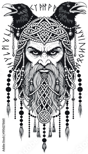 Old man with long beard and raven birds on head wears a rich decoration with runes showing a strong expression and intense gaze Generative AI