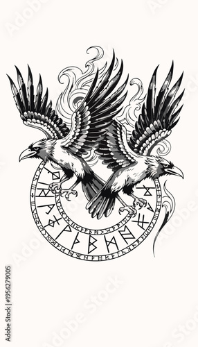 Two birds fly above a circular design with runes and smoke in a detailed sketch Generative AI