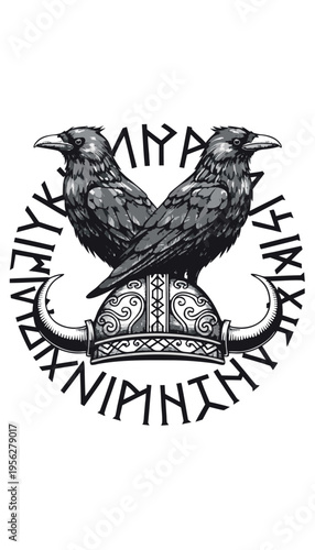 Two ravens on a Viking helmet with runes surrounding the design in simple black and white style Generative AI