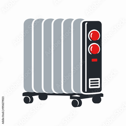 Electric space heater with red thermostat on wheels for home warming and temperature control isolated on white background