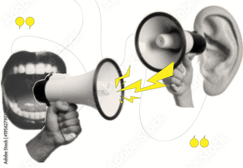 Halftone collage,Modern pop art style megaphone representing freedom of speech and voice power