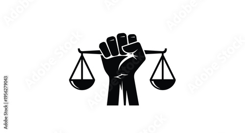 Black silhouette illustration of raised fist holding balanced justice scale, symbol of equality, empowerment, law, social justice, human rights artwork