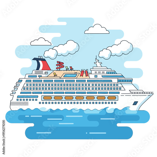 Modern Cruise Ship Sailing on Blue Water with Clouds and Slides