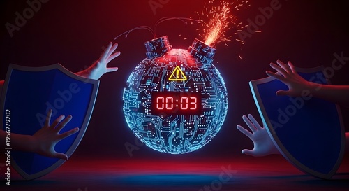 Digital Bomb with Countdown Timer and Warning Sign Protected by Blue Shields in a Red Glow