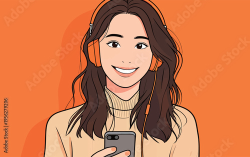 Young woman enjoys music with headphones while holding phone in front of orange background during daytime