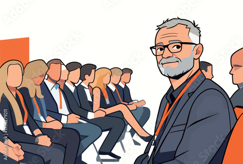 Business conference with attendees sitting and a speaker looking at the audience while wearing glasses and an orange lanyard