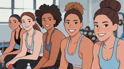 Five women sitting together in a gym after a workout at a fitness center in the afternoon