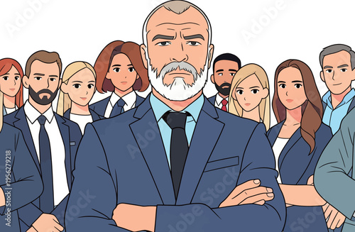 Group of business people standing together in suits in an office setting during the daytime in a modern city