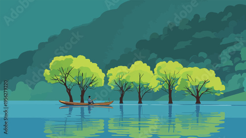 Person in a boat paddles through water near green trees in a scenic area during daylight