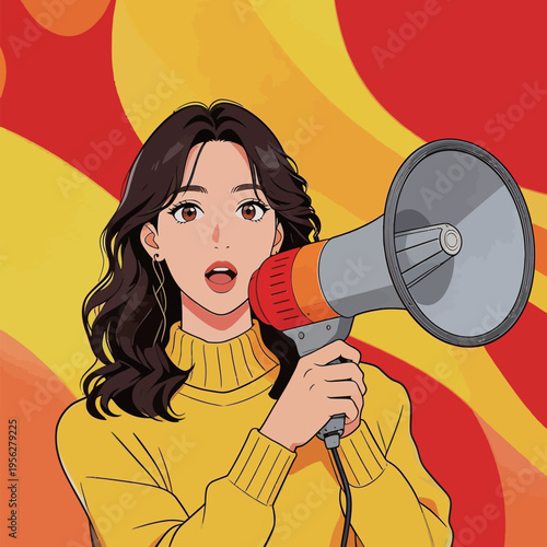 Person holds a megaphone while speaking out against injustice in a colorful background